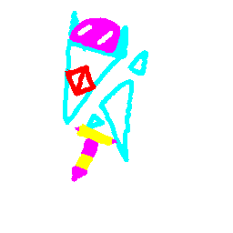 A mascot in the form of a set of cyan triangles with a red diamond eye is holding a yellow and magenta jackhammer while wearing a magenta hardhat.